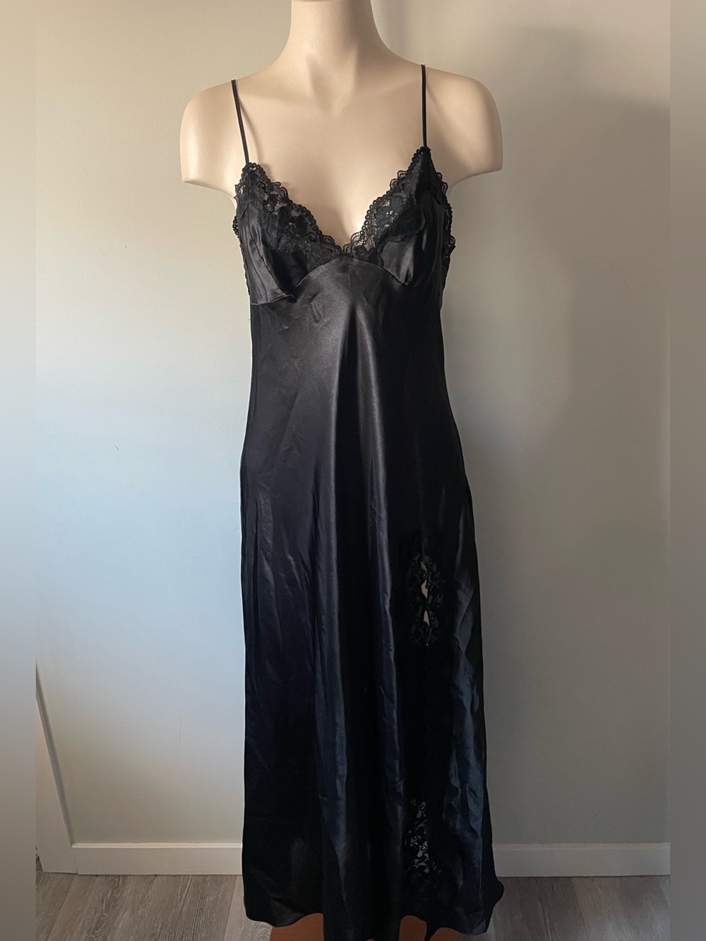 90s Y2K Vintage La Senza Black Satin Maxi Slip Dress Lace High Slit Medium